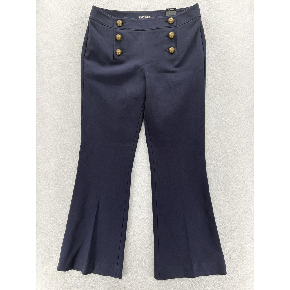 Express Flare Dress Pants Womens 8R Blue Sailor Button Front Lined Twill Career